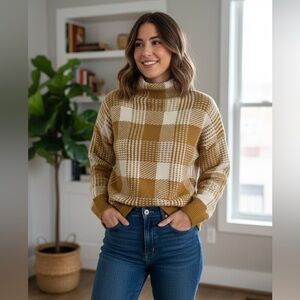 MADEWELL Mockneck Buffalo Plaid Sweater Cozy Knit Mustard and Cream - XS